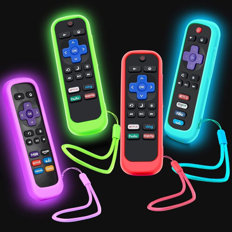 Silicloak حافظة 4 عبوات لجهاز التحكم عن بعد Roku، غطاء لجهاز Hisense/TCL Roku TV Steaming Stick/Express بديل عالمي لجهاز التحكم، غلاف سيليكون يتوهج في الظلام باللون الأخضر والسماء الأرجواني والأحمر - Image 1